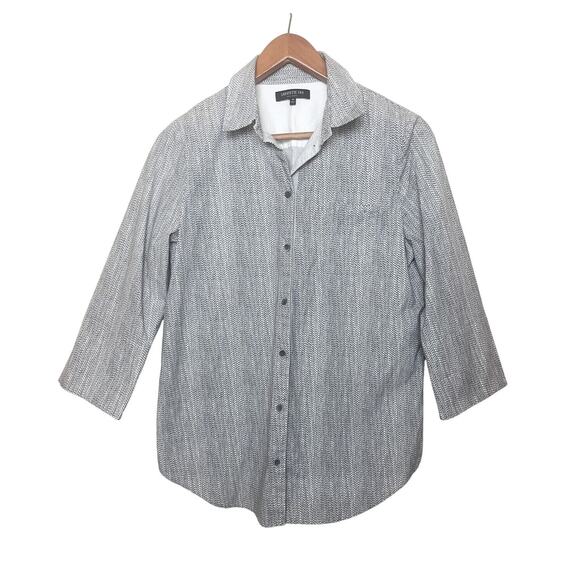 LAFAYETTE 148 Poplin Stretch Button Up Shirt White Black Gray Women’s Sz Medium - Picture 1 of 7